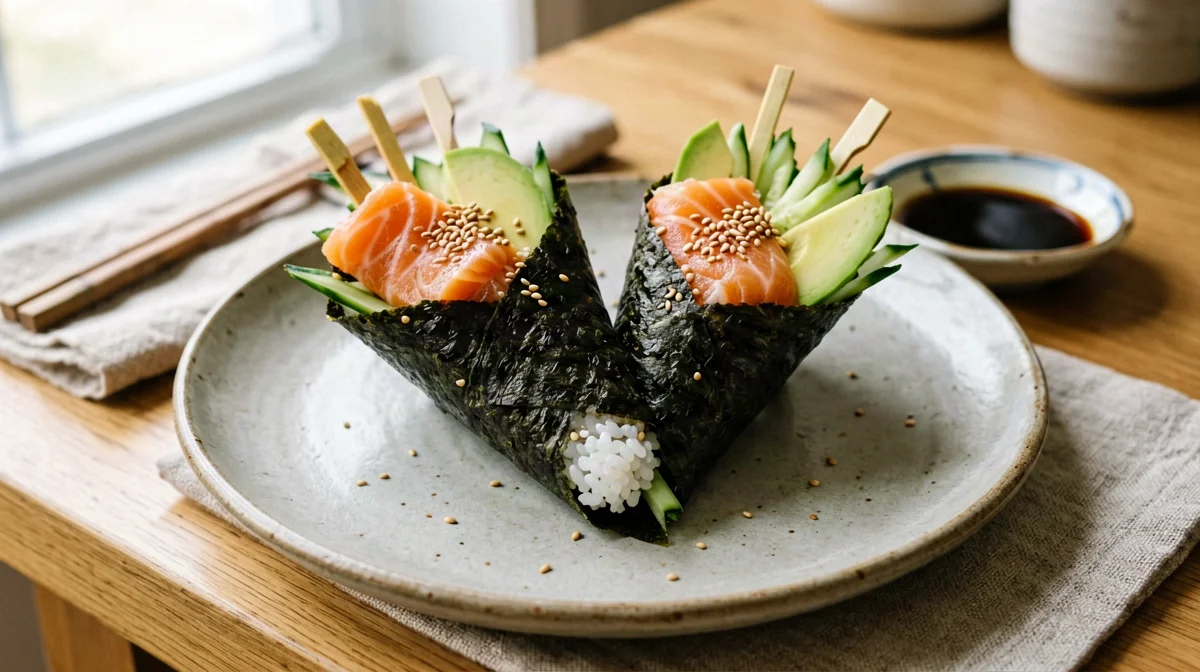 Salmon, avocado and cucumber temaki