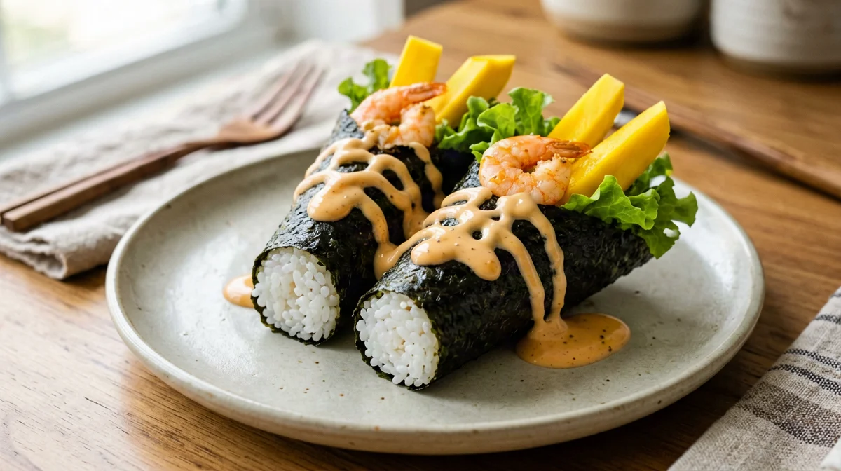 Shrimp, mango and lettuce temaki