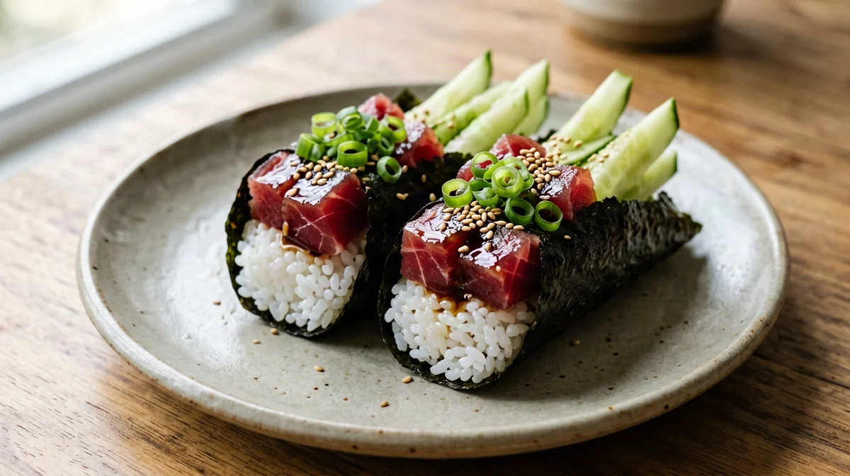 Fresh tuna, cucumber and spring onion temaki