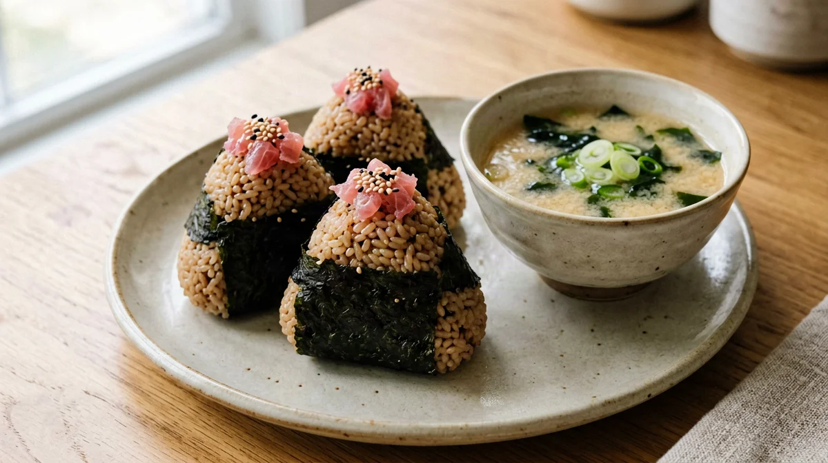Brown rice salmon onigiri with wakame soup