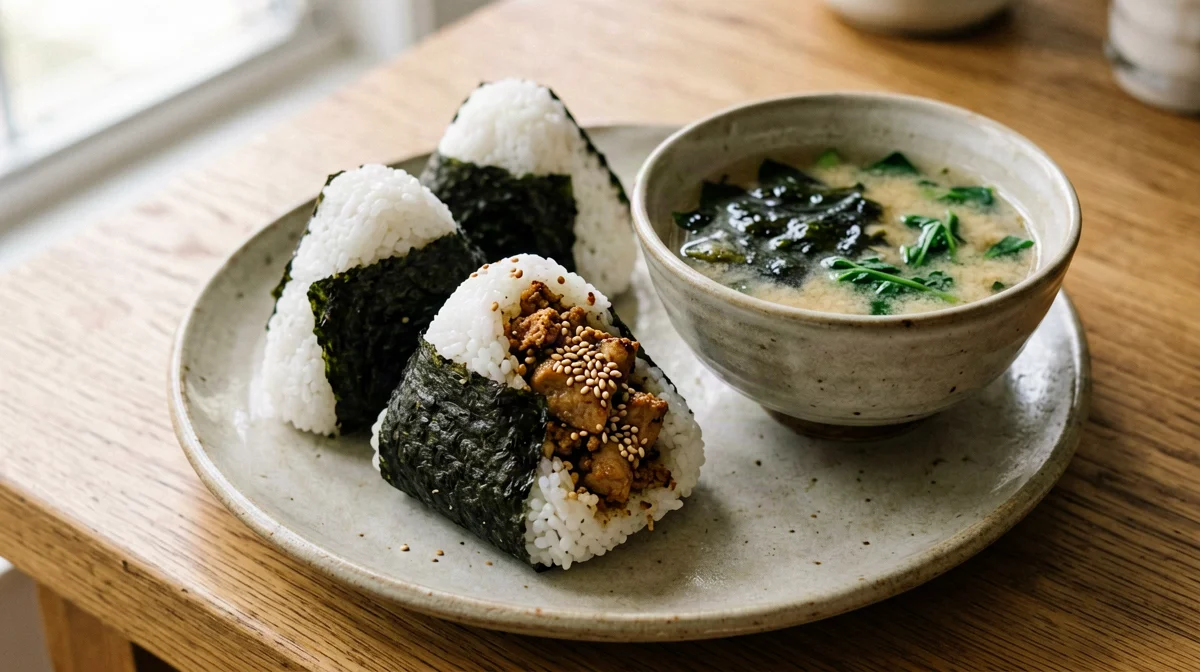 Smoked tofu and sesame onigiri with miso soup