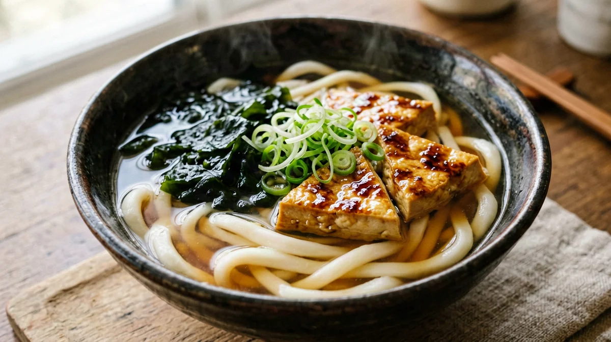 Udon kitsune con tofu glassato al mirin e cipollotto