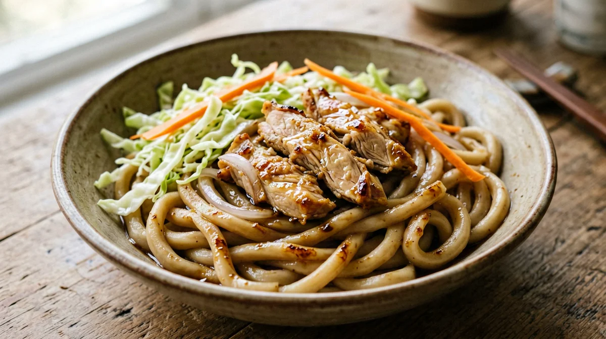 Yaki udon di pollo con cavolo e carote