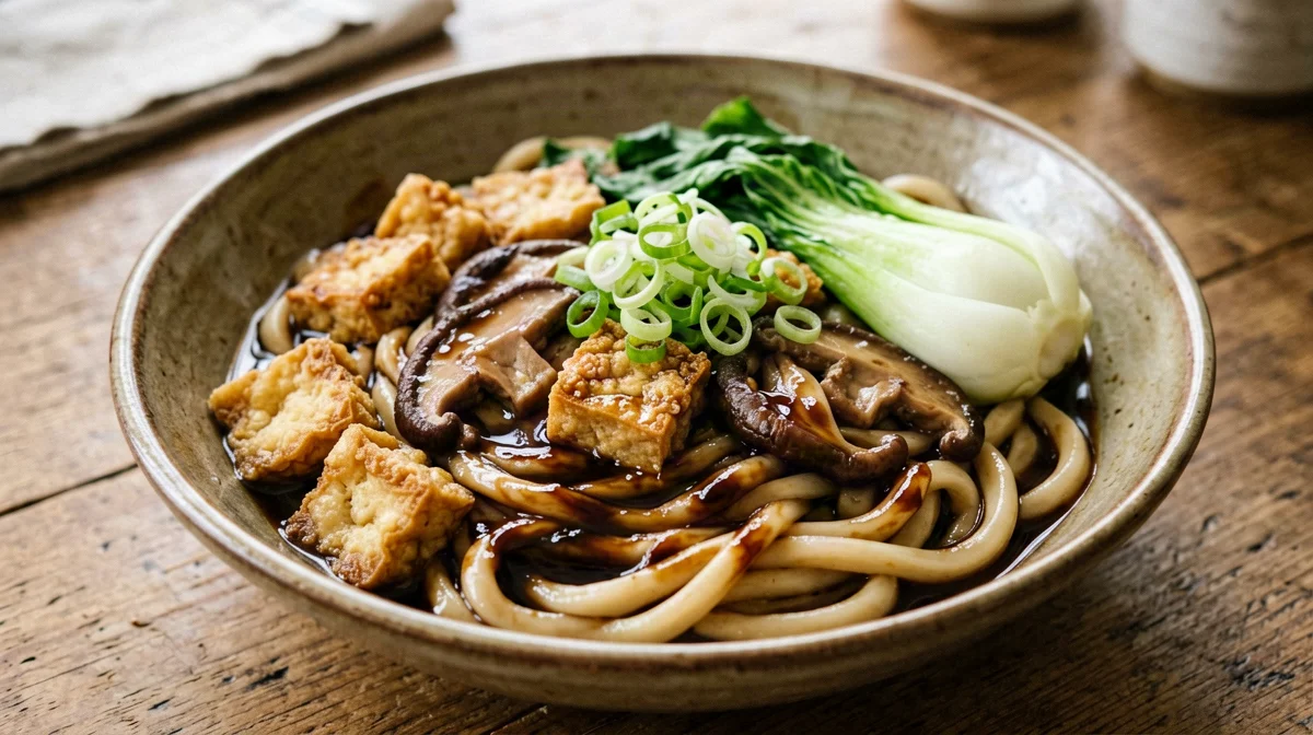 Vegan yaki udon with tofu, shiitake and pak choi