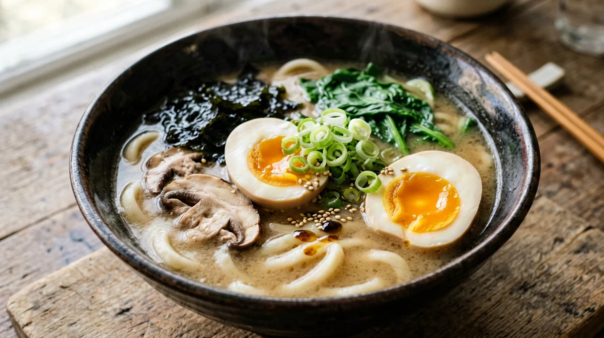 Udon in brodo di miso con wakame, uovo e spinaci