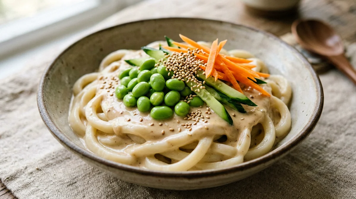 Udon freddi con edamame, cetriolo e salsa al sesamo