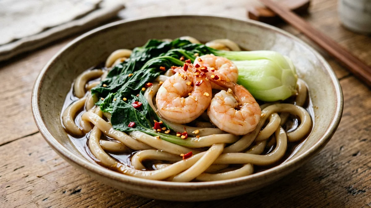 Udon saltati con gamberi, pak choi e zenzero