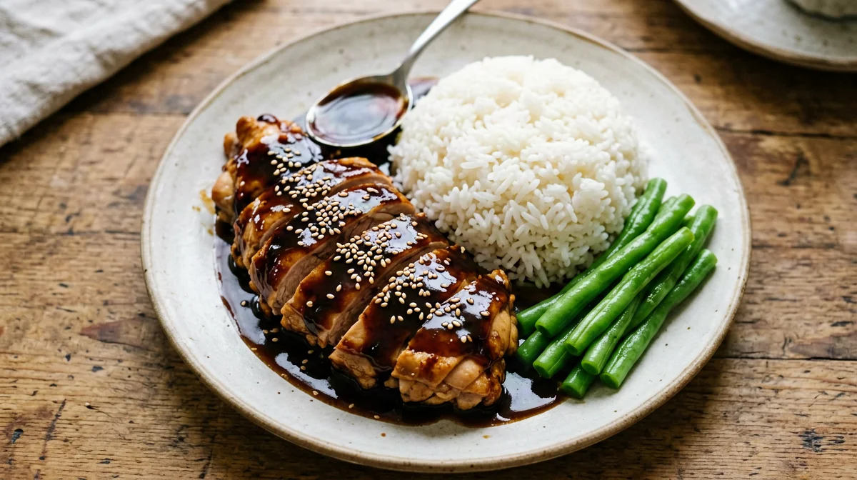 Mirin and sake glazed chicken thighs with rice and green beans