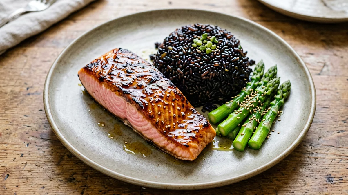 Salmone al sake e mirin con riso Venere e asparagi