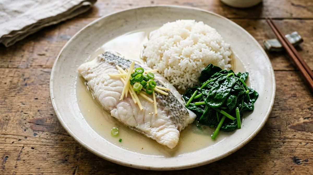Sake-steamed cod with jasmine rice and spinach