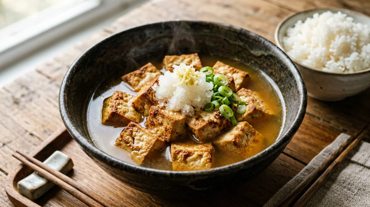 Tofu agedashi al forno con daikon e brodo al mirin