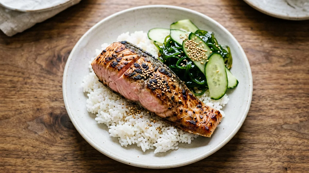 Wakame and cucumber salad with seared salmon and rice
