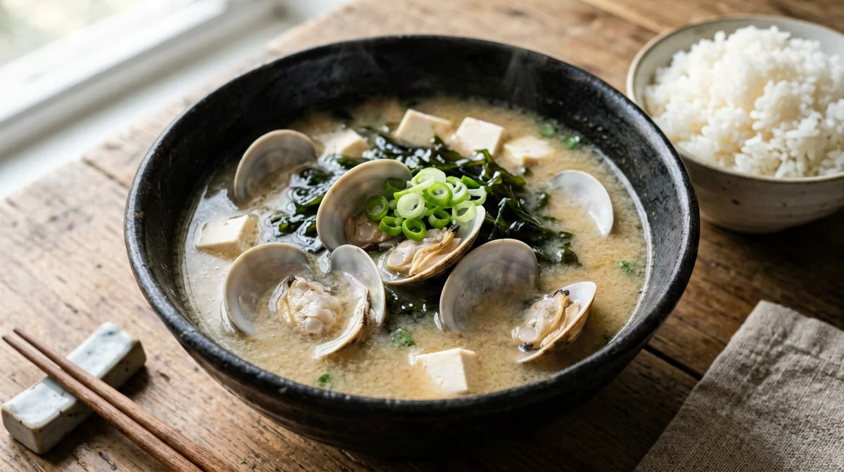 Zuppa di miso con vongole, wakame e riso