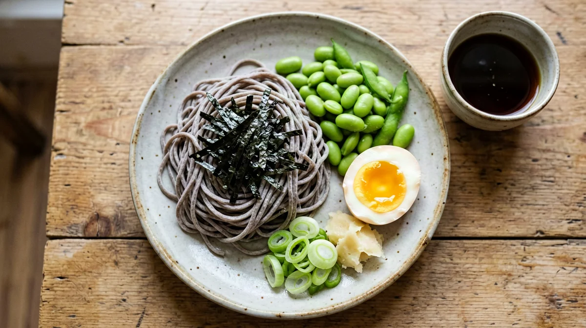 Soba freddi con alga nori, edamame e salsa al mirin