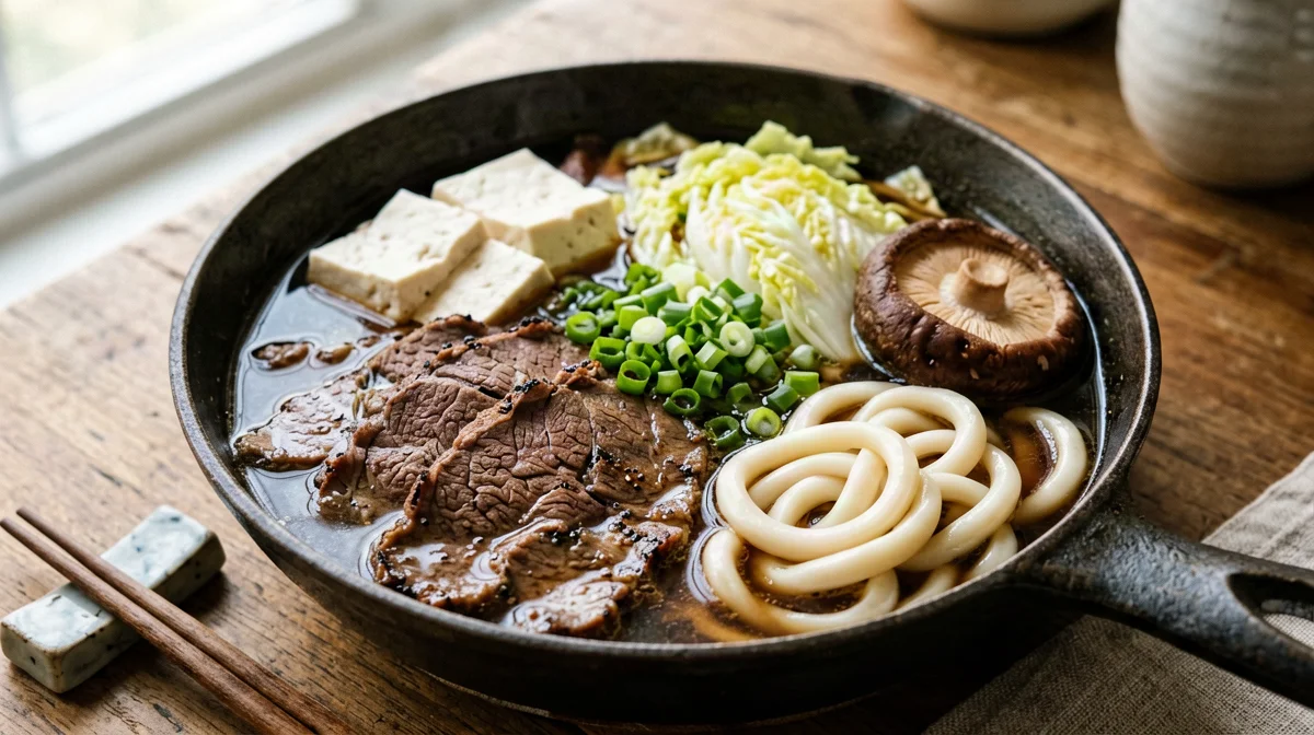 Light beef sukiyaki with tofu, mushrooms and udon