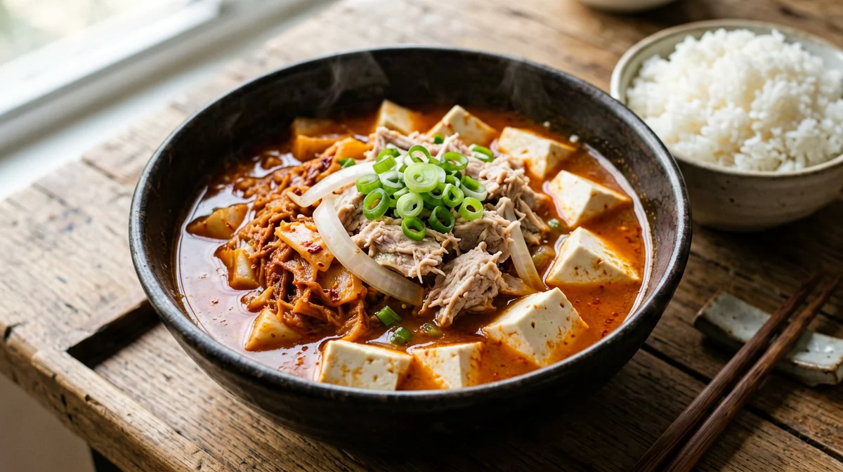 Tuna kimchi jjigae with tofu and spring onion