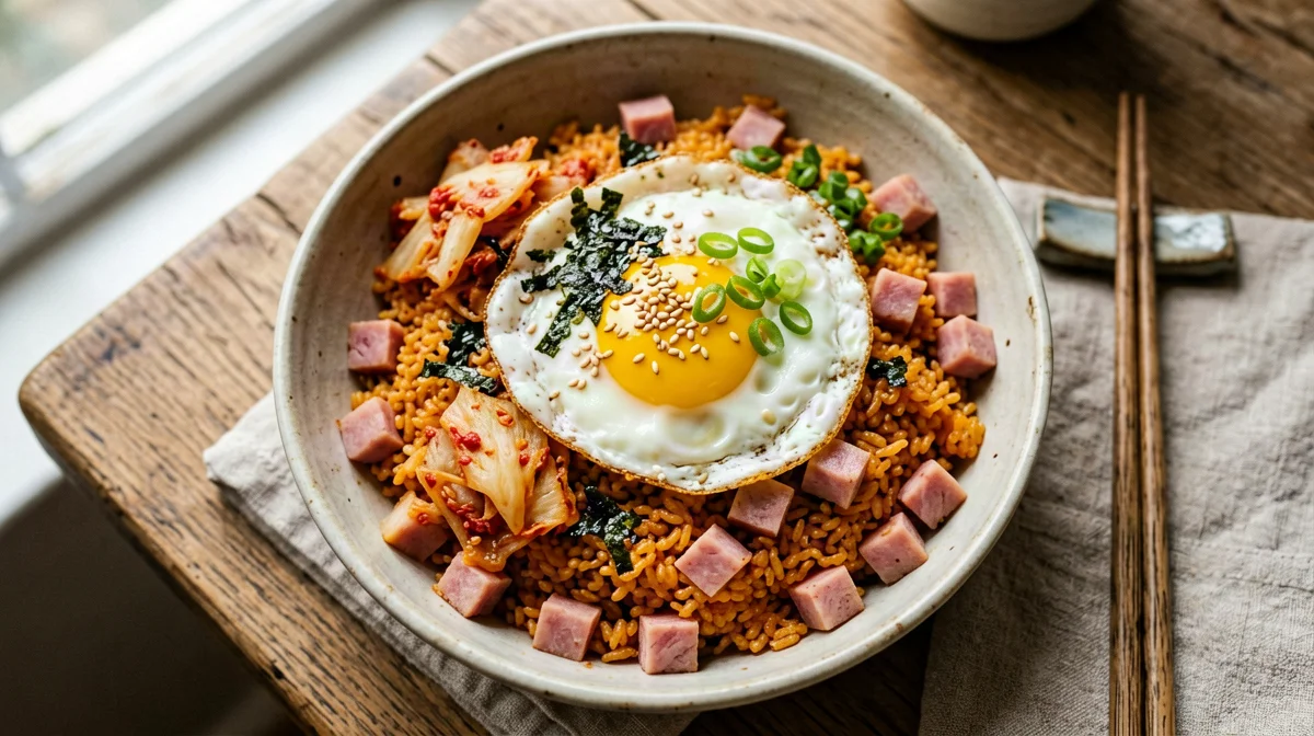 Riso saltato al kimchi con uovo all'occhio di bue