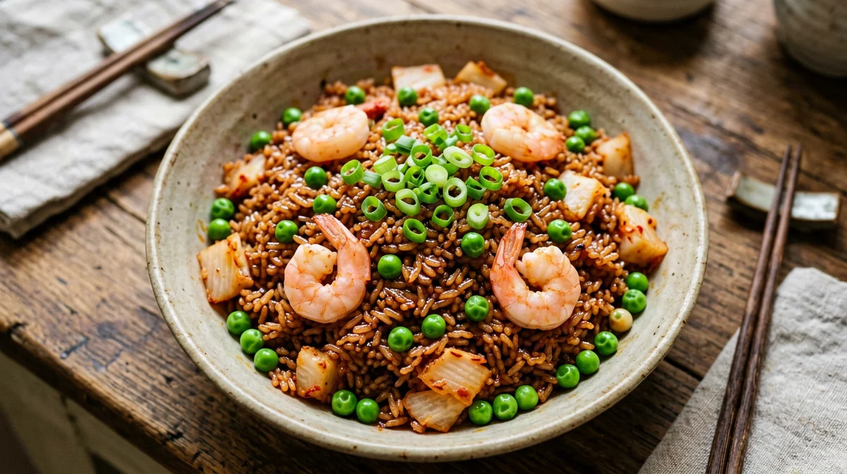 Riso integrale saltato al kimchi con gamberi e piselli
