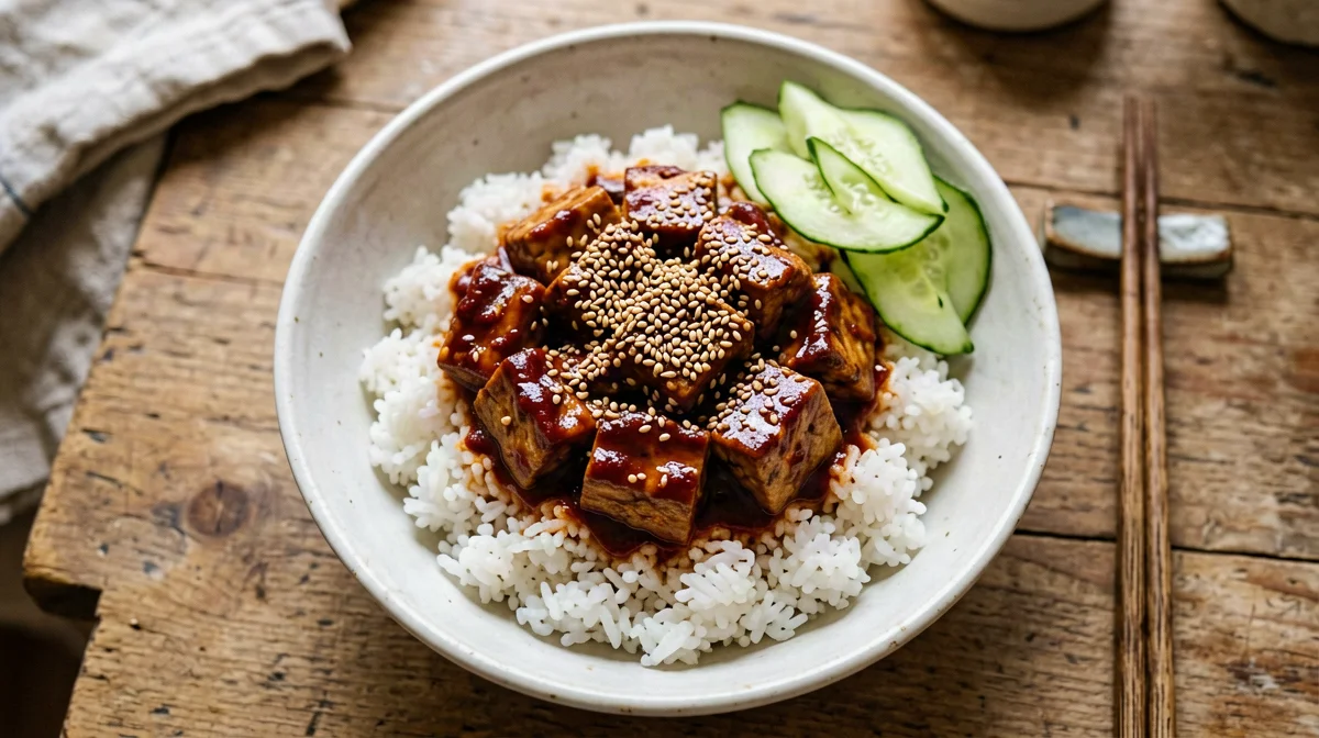 Tofu glassato al gochujang con riso e cetriolo