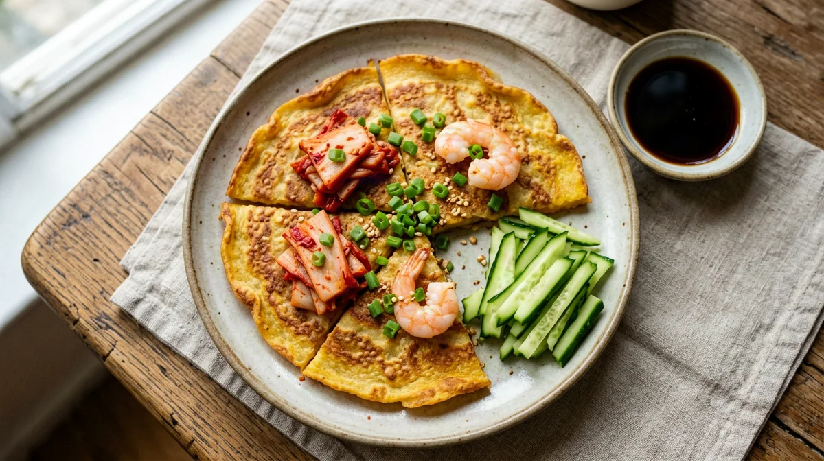 Korean kimchi pancake with cucumber salad