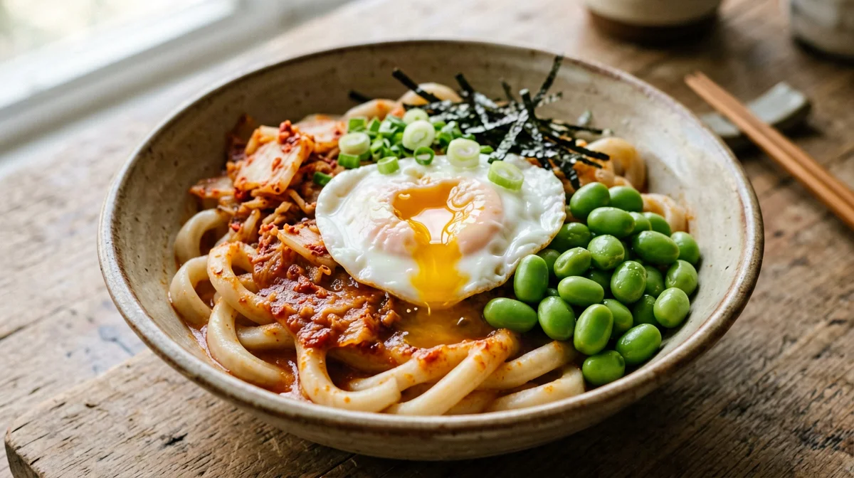 Udon al kimchi con uovo e cipollotto