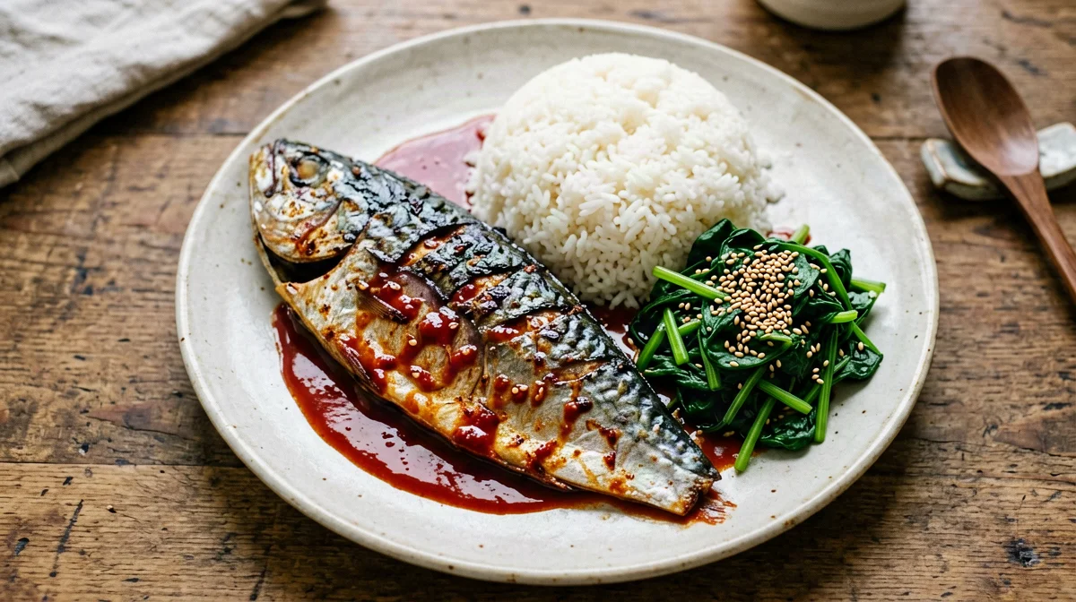 Sgombro al forno al gochujang con riso e spinaci