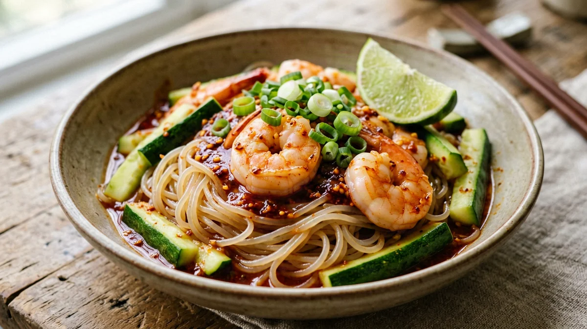 Gamberi al gochujang con spaghetti di riso e zucchine