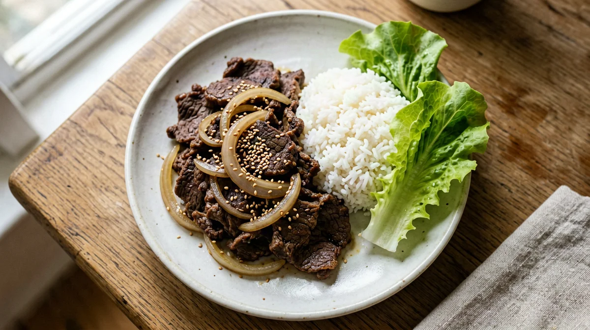 Bulgogi di manzo al mirin con riso e foglie di lattuga