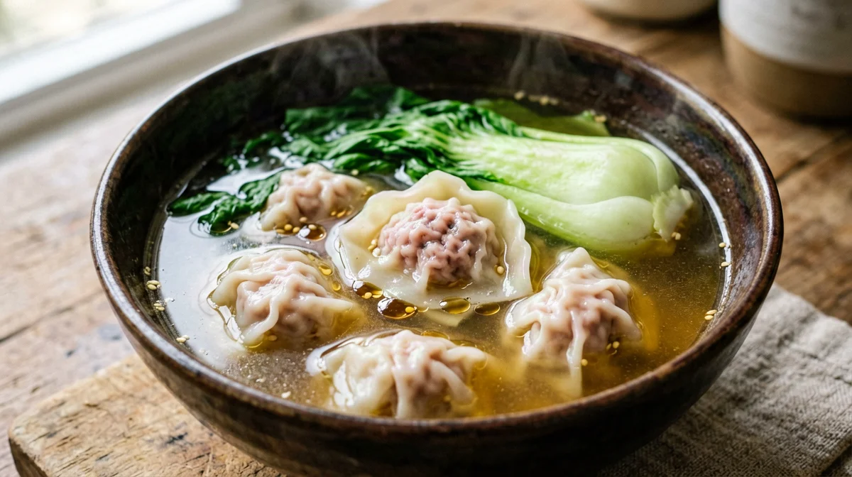 Zuppa di wonton di maiale e gamberi con pak choi