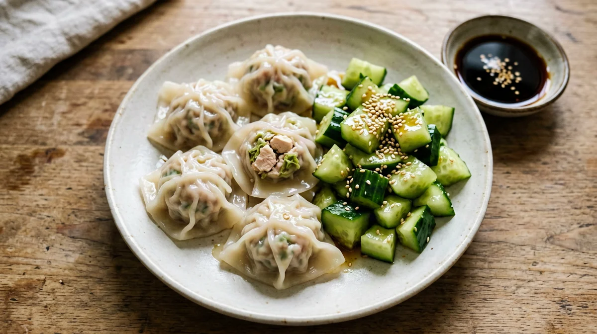 Steamed chicken and ginger wontons with sesame cucumber