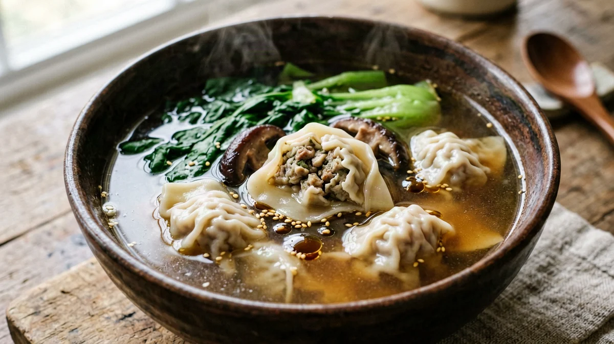 Tofu and mushroom wontons in ginger broth