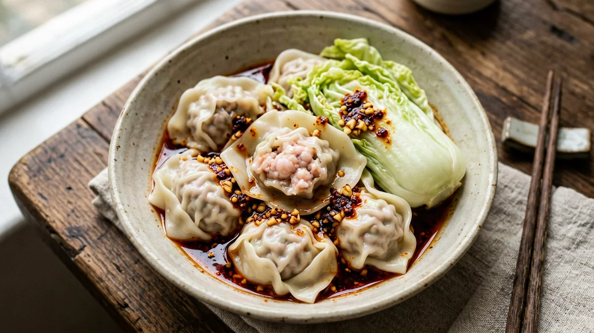 Shrimp wontons with chilli oil and Chinese cabbage