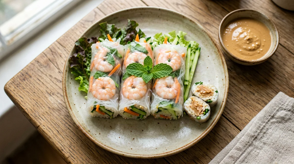 Involtini di carta di riso con gamberi, vermicelli e menta