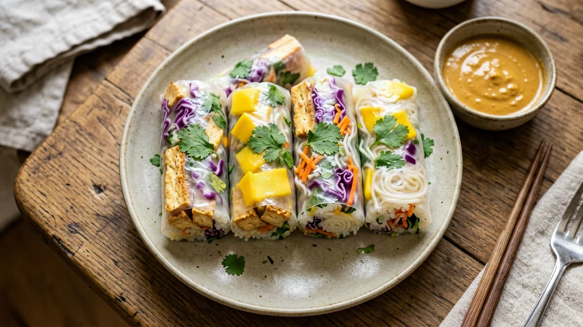 Rice paper rolls with tofu, mango and peanut sauce