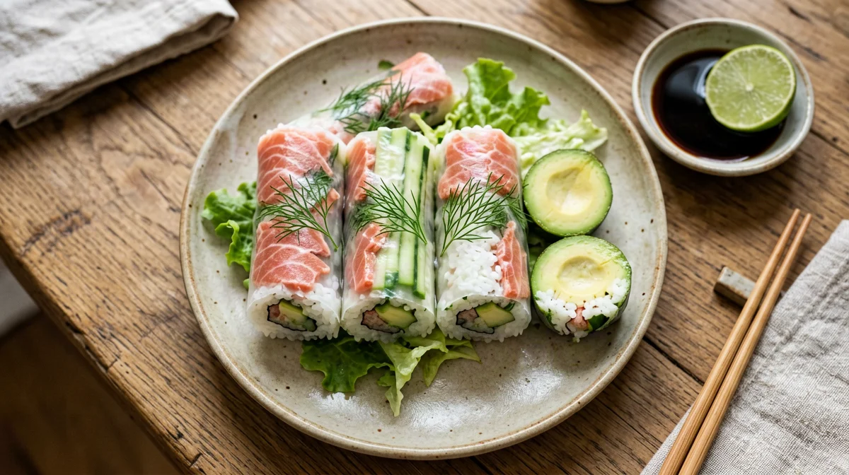 Involtini di carta di riso con salmone, avocado e cetriolo