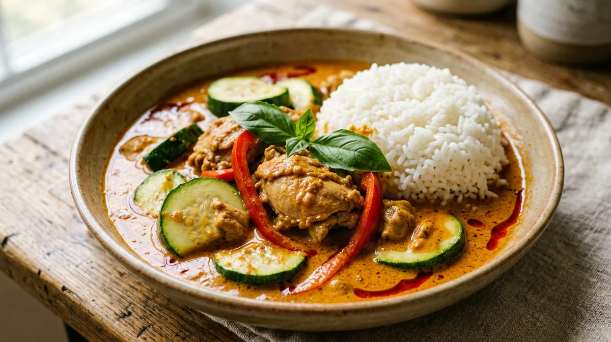 Curry rosso di pollo con zucchine e riso jasmine