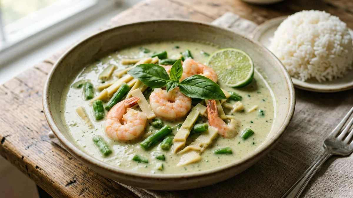 Green shrimp curry with green beans and jasmine rice