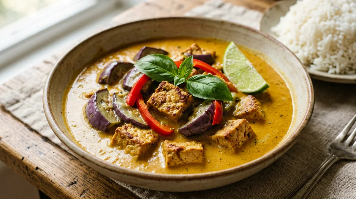 Curry thai vegetariano di tofu, melanzane e basilico