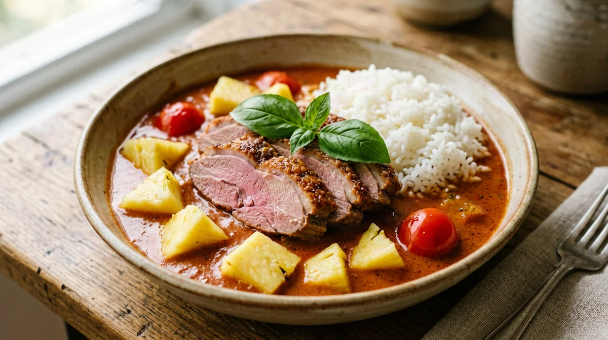 Red duck curry with pineapple and jasmine rice