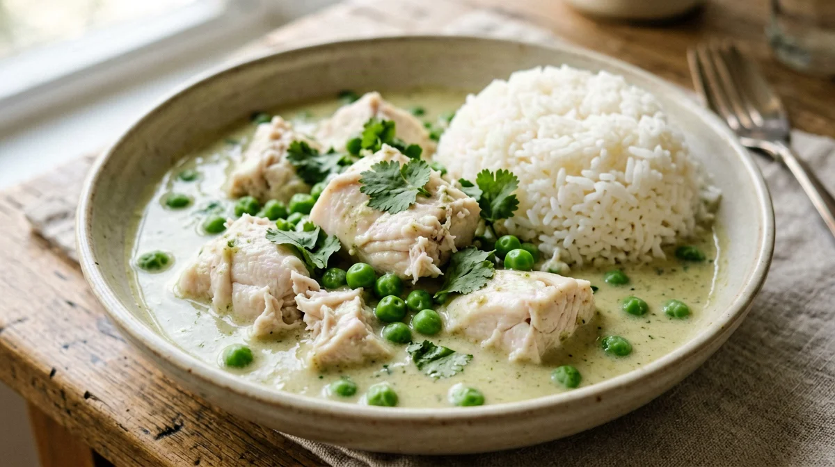 Curry verde di merluzzo con piselli e riso