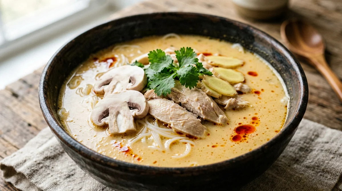 Zuppa thai di pollo al cocco con funghi e lime