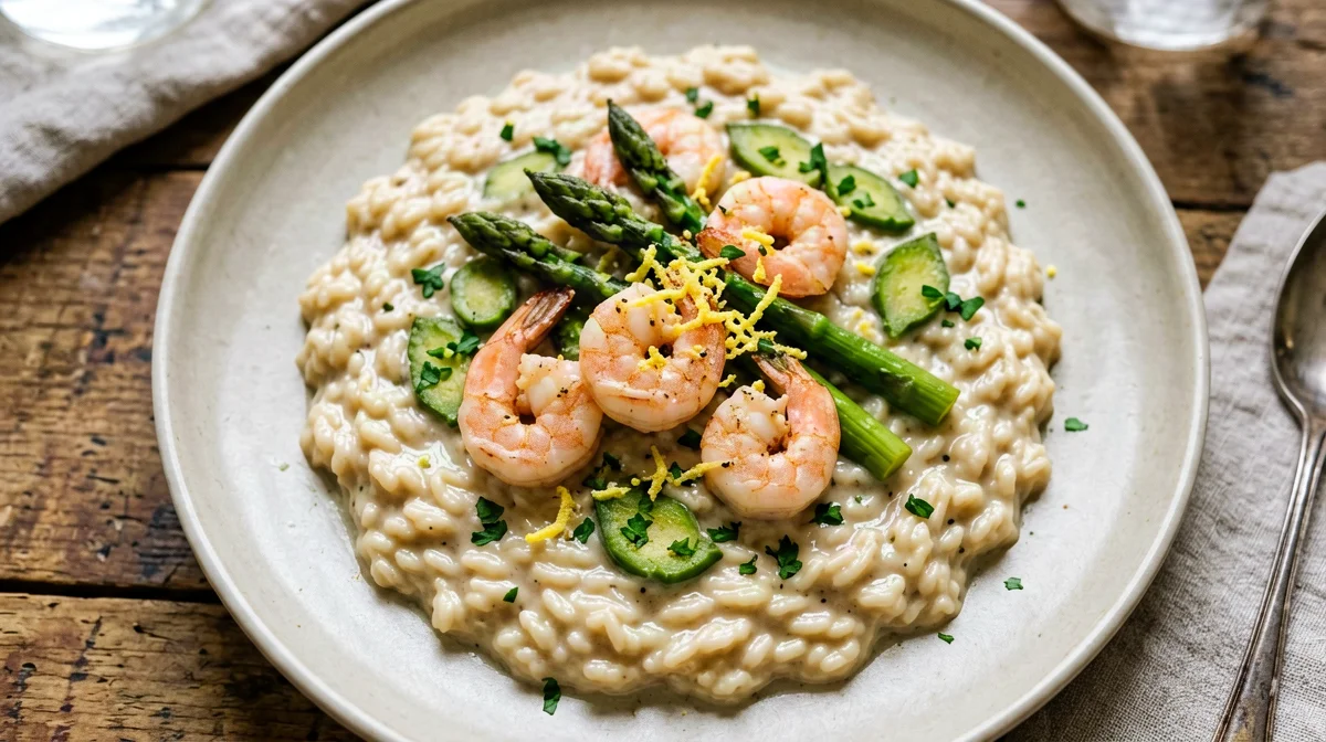 White wine risotto with asparagus, prawns and lemon