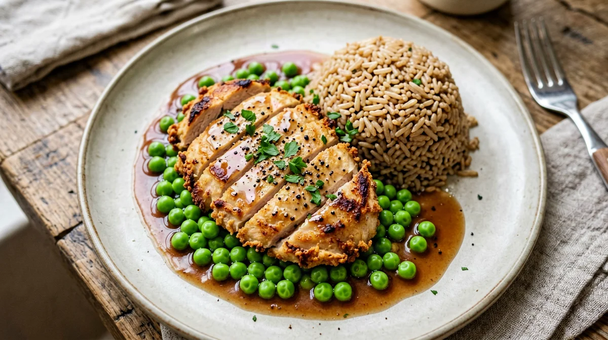 Scaloppine di pollo al vino bianco con piselli e riso integrale