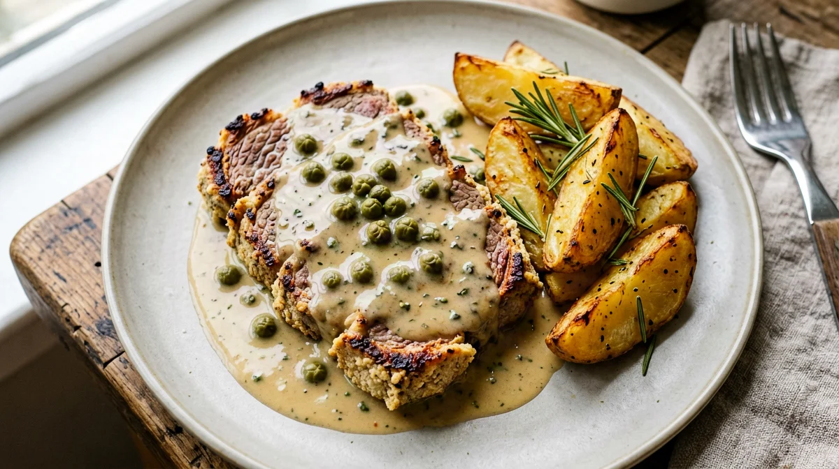 Veal scaloppine with white wine and capers, roast potatoes