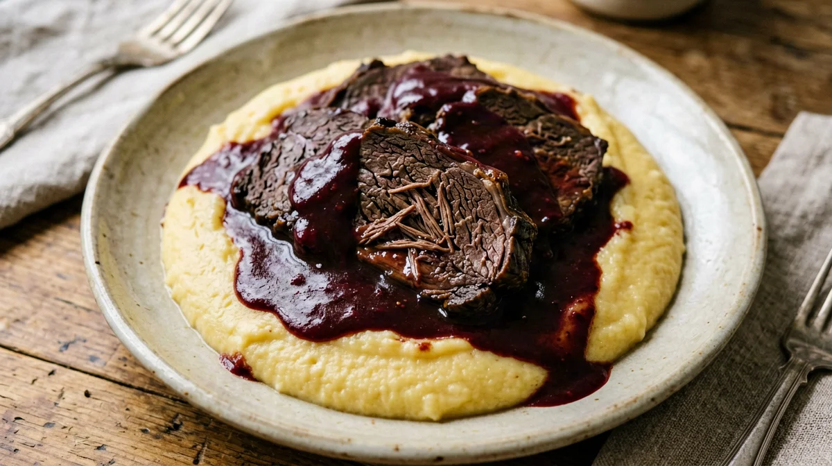 Red wine braised beef with soft polenta