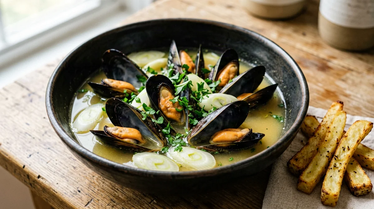 Cozze alla birra con porro e patate al forno