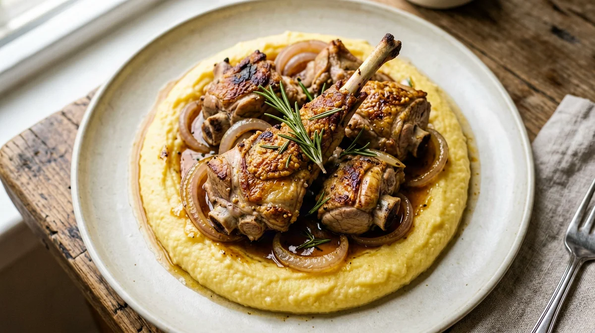 Coniglio alla birra con cipolle e polenta