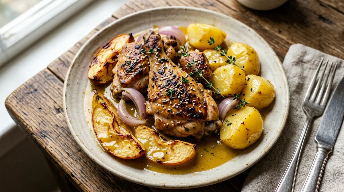 Cider-braised chicken thighs with apples and potatoes
