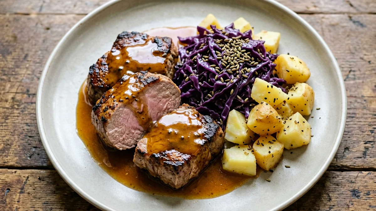 Pork tenderloin in cider with caraway red cabbage