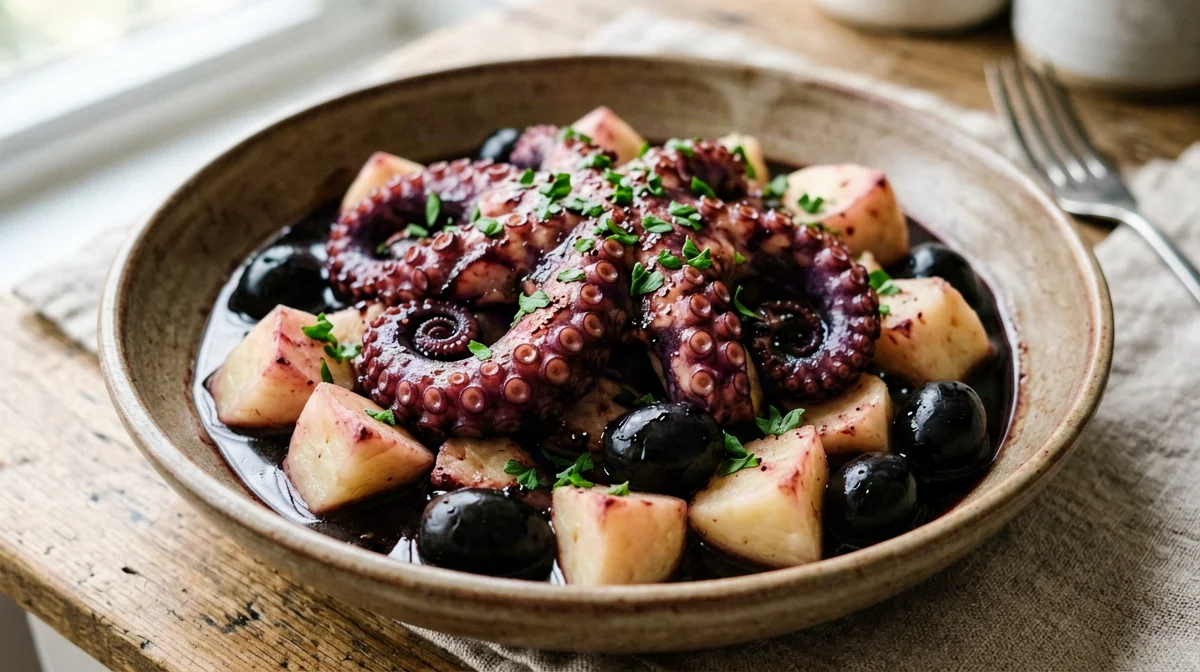 Red wine braised octopus with potatoes and olives